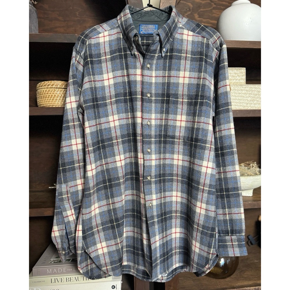 Vintage Pendleton Men's L Plaid Wool Flannel Board Shirt Green USA 60s 70s